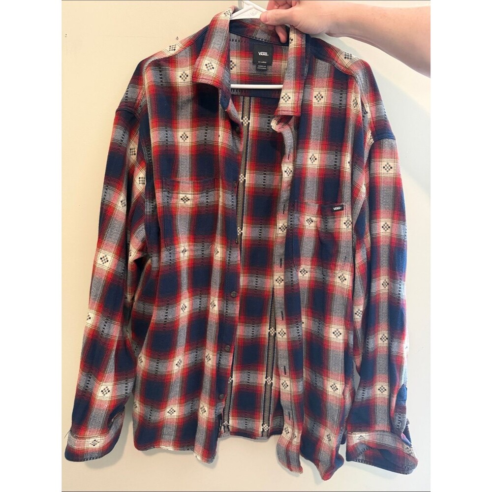 Vans Red Navy Plaid Flannel with Cream and Brown Details